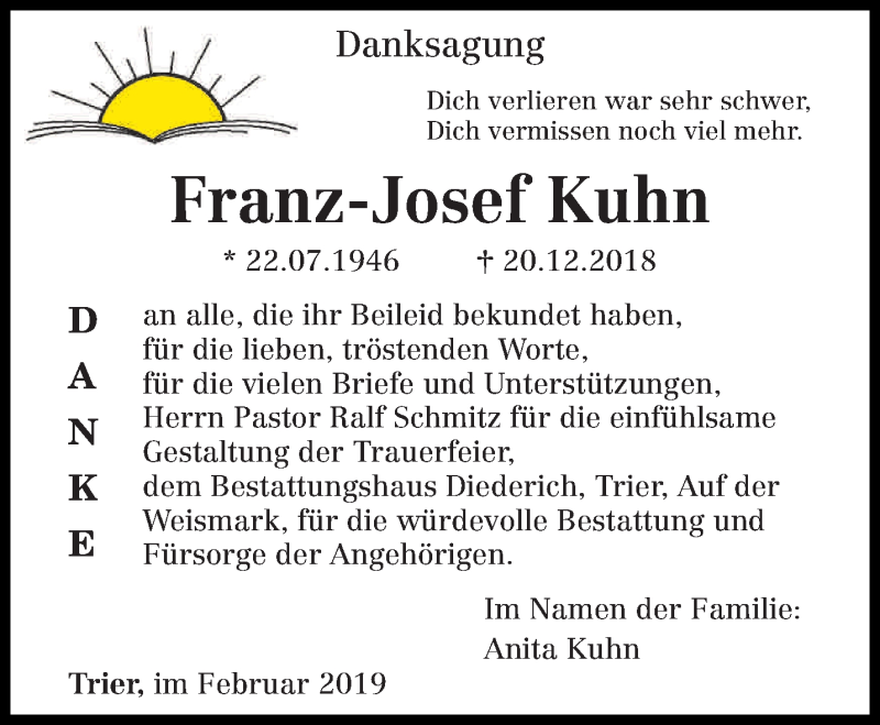  Traueranzeige für Franz-Josef Kuhn vom 09.02.2019 aus trierischer_volksfreund