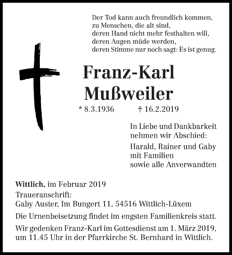  Traueranzeige für Franz-Karl Mußweiler vom 23.02.2019 aus trierischer_volksfreund