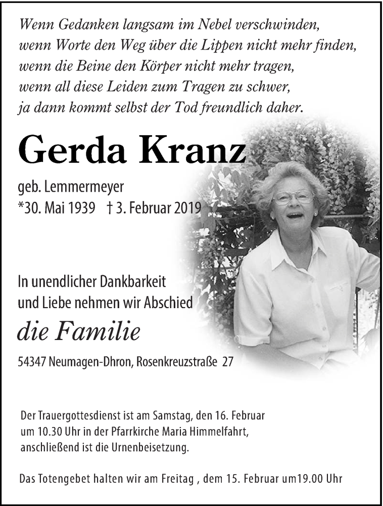  Traueranzeige für Gerda Kranz vom 09.02.2019 aus trierischer_volksfreund