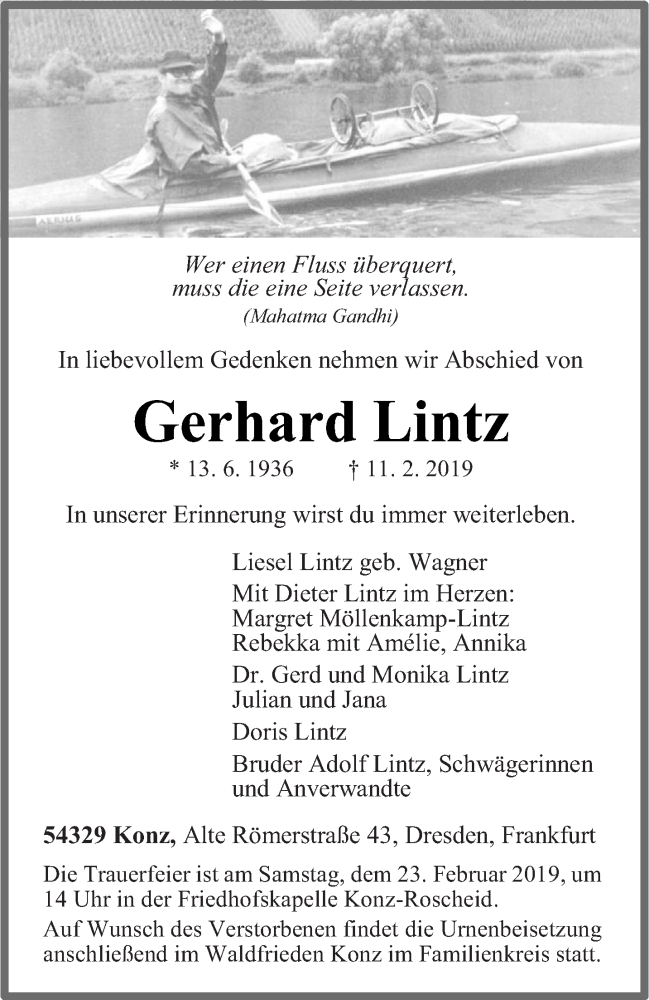  Traueranzeige für Gerhard Lintz vom 16.02.2019 aus trierischer_volksfreund
