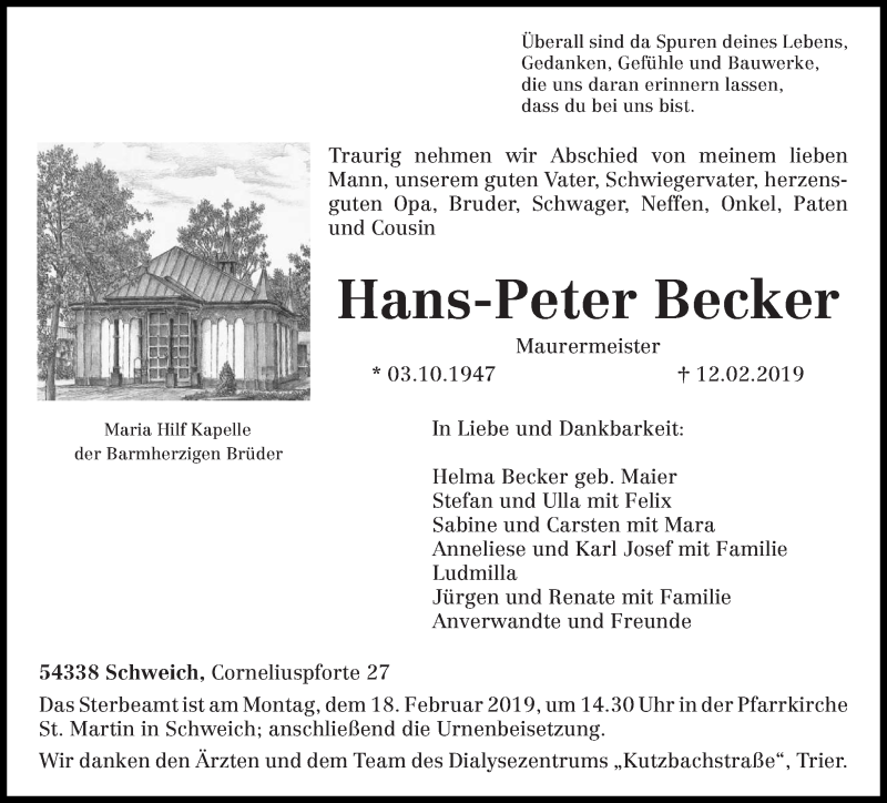  Traueranzeige für Hans-Peter Becker vom 15.02.2019 aus trierischer_volksfreund