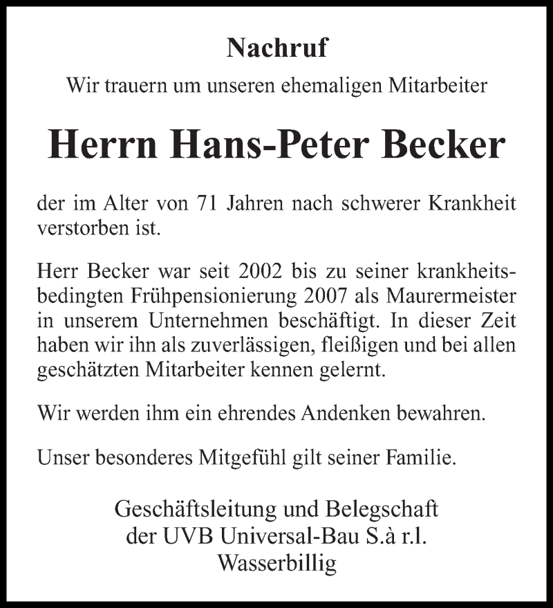  Traueranzeige für Hans-Peter Becker vom 16.02.2019 aus trierischer_volksfreund