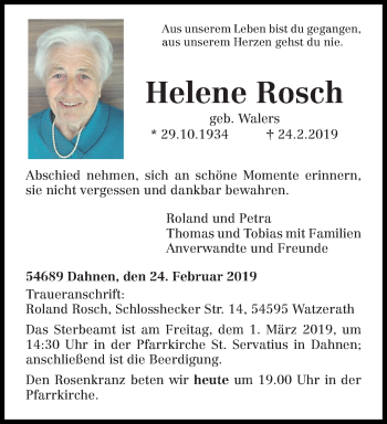 Traueranzeige von Helene Rosch von trierischer_volksfreund