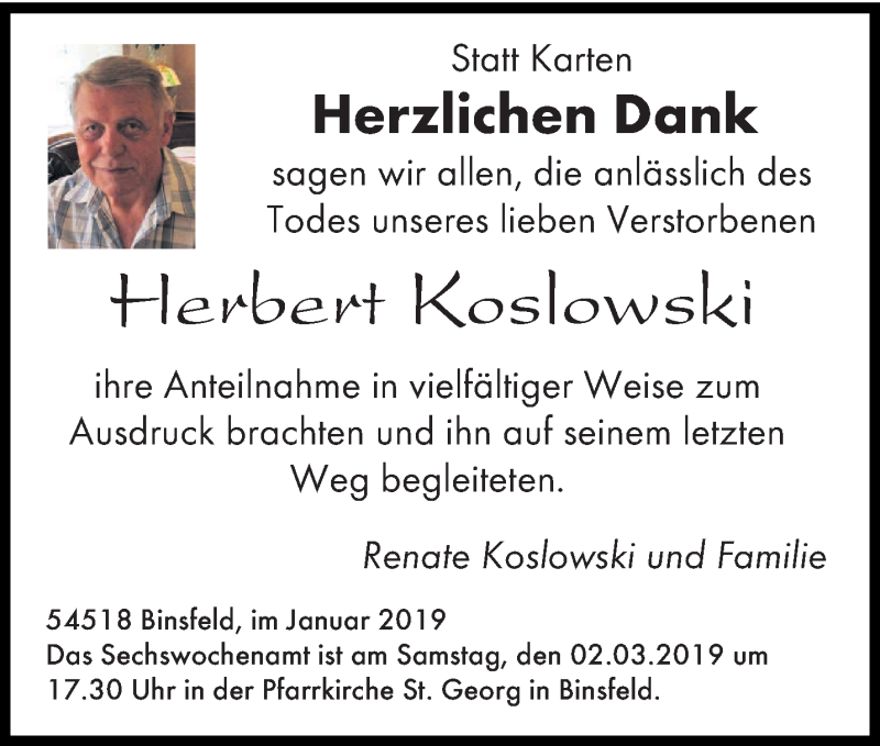  Traueranzeige für Herbert Koslowski vom 23.02.2019 aus trierischer_volksfreund