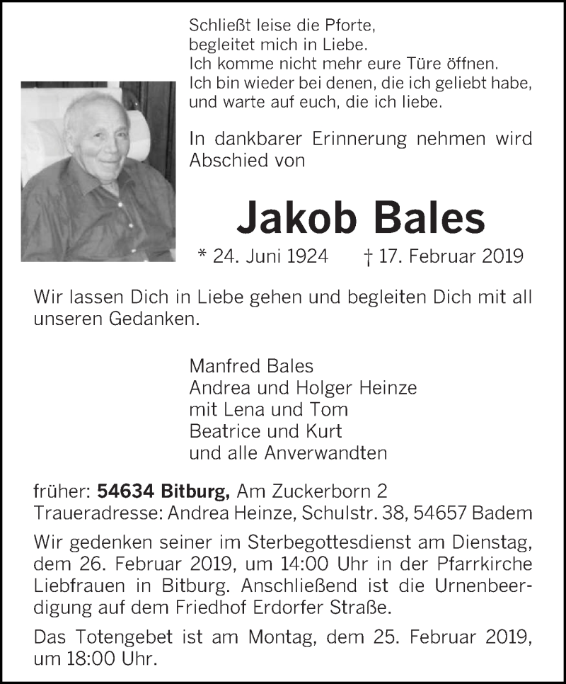  Traueranzeige für Jakob Bales vom 19.02.2019 aus trierischer_volksfreund