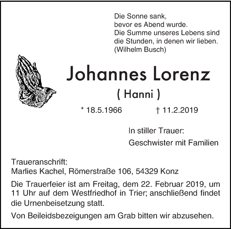  Traueranzeige für Johannes Lorenz vom 16.02.2019 aus trierischer_volksfreund