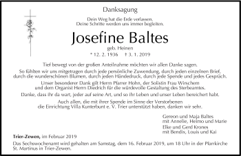 Traueranzeige von Josefine Baltes von trierischer_volksfreund