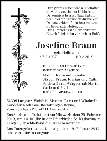 Traueranzeige von Josefine Braun von trierischer_volksfreund