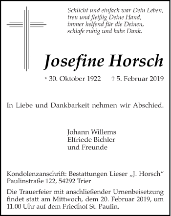 Traueranzeige von Josefine Horsch von trierischer_volksfreund