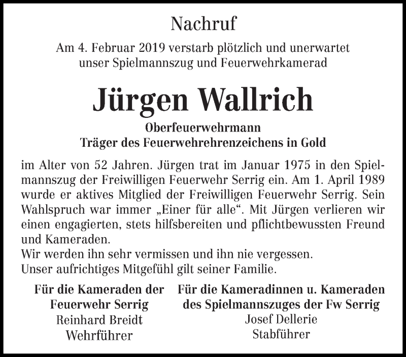  Traueranzeige für Jürgen Wallrich vom 09.02.2019 aus trierischer_volksfreund