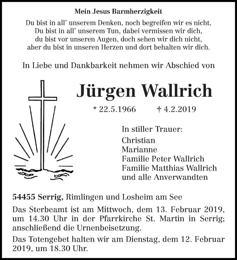  Traueranzeige für Jürgen Wallrich vom 09.02.2019 aus trierischer_volksfreund