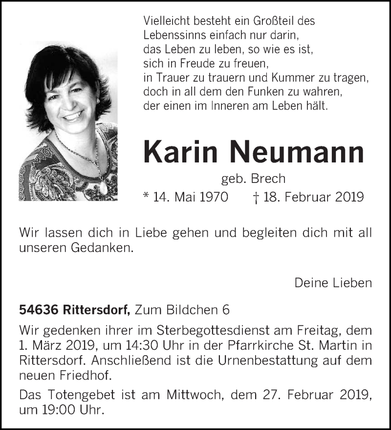  Traueranzeige für Karin Neumann vom 22.02.2019 aus trierischer_volksfreund