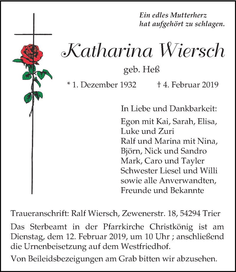  Traueranzeige für Katharina Wiersch vom 08.02.2019 aus trierischer_volksfreund