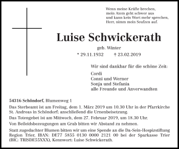 Traueranzeige von Luise Schwickerath von trierischer_volksfreund