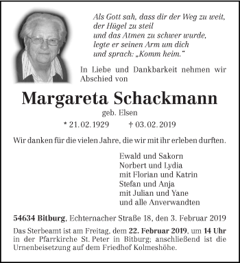 Traueranzeige von Margareta Schackmann von trierischer_volksfreund