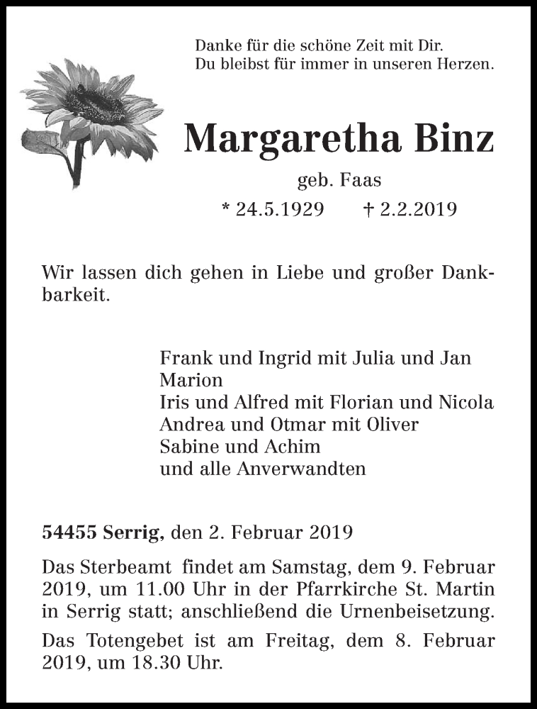  Traueranzeige für Margaretha Binz vom 06.02.2019 aus trierischer_volksfreund