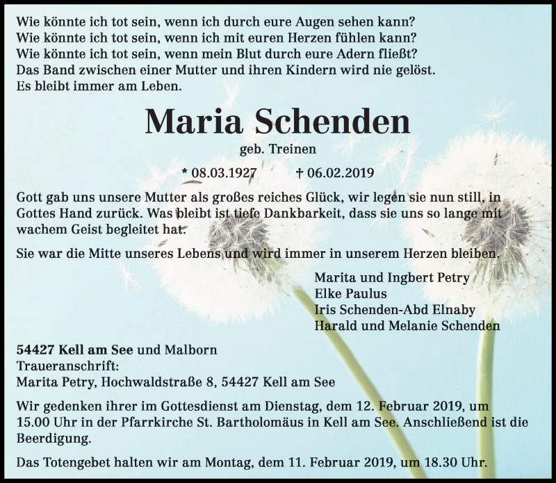  Traueranzeige für Maria Schenden vom 09.02.2019 aus trierischer_volksfreund