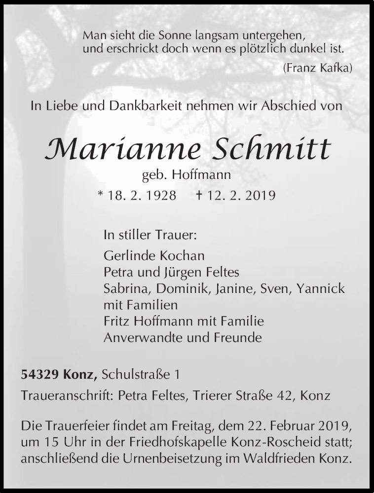  Traueranzeige für Marianne Schmitt vom 18.02.2019 aus trierischer_volksfreund