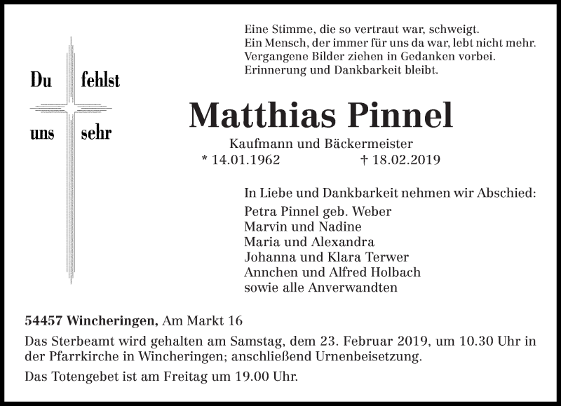  Traueranzeige für Matthias Pinnel vom 20.02.2019 aus trierischer_volksfreund