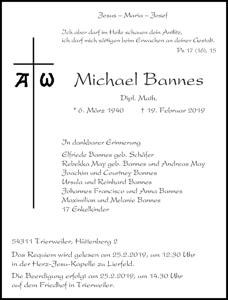  Traueranzeige für Michael Bannes vom 23.02.2019 aus trierischer_volksfreund