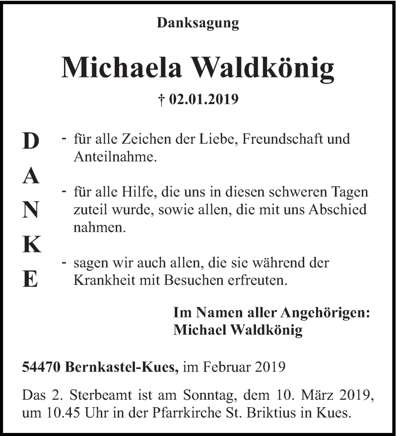  Traueranzeige für Michaela Waldkönig vom 23.02.2019 aus trierischer_volksfreund