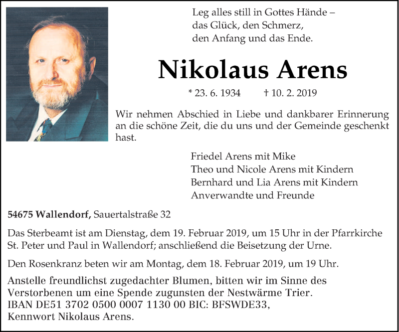  Traueranzeige für Nikolaus Arens vom 16.02.2019 aus trierischer_volksfreund