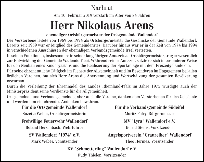 Traueranzeige für Nikolaus Arens vom 16.02.2019 aus trierischer_volksfreund