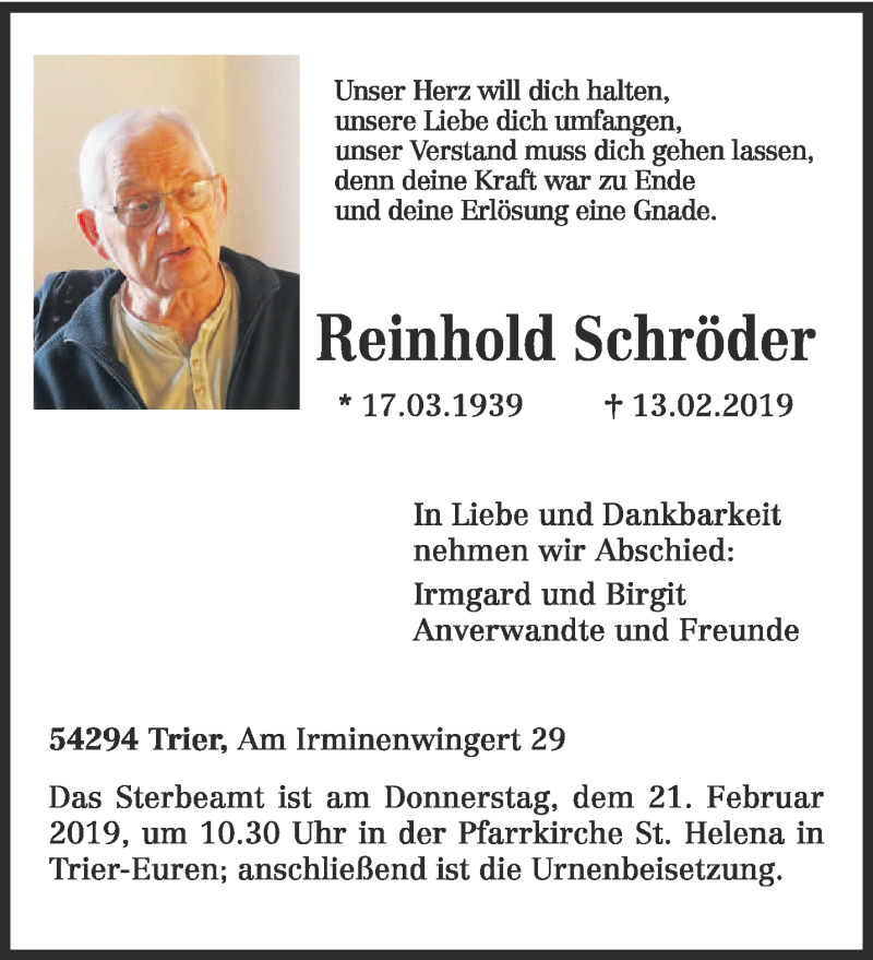  Traueranzeige für Reinhold Schröder vom 18.02.2019 aus trierischer_volksfreund