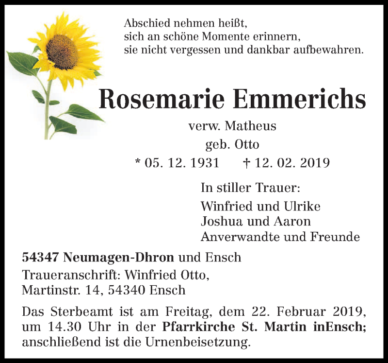 Traueranzeige für Rosemarie Emmerichs vom 18.02.2019 aus trierischer_volksfreund