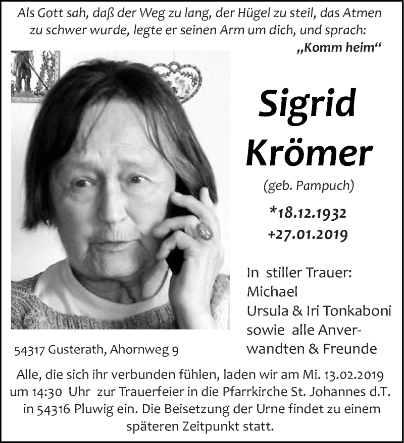  Traueranzeige für Sigrid Krömer vom 09.02.2019 aus trierischer_volksfreund