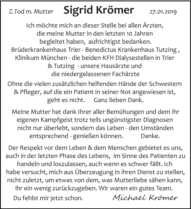  Traueranzeige für Sigrid Krömer vom 09.02.2019 aus trierischer_volksfreund