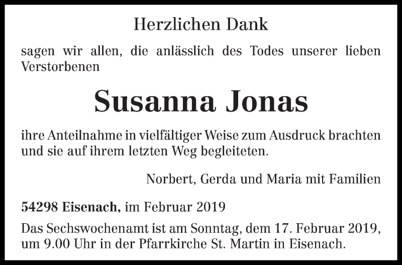 Traueranzeige für Susanna Jonas vom 09.02.2019 aus trierischer_volksfreund