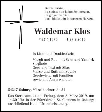 Traueranzeige von Waldemar Klos von trierischer_volksfreund