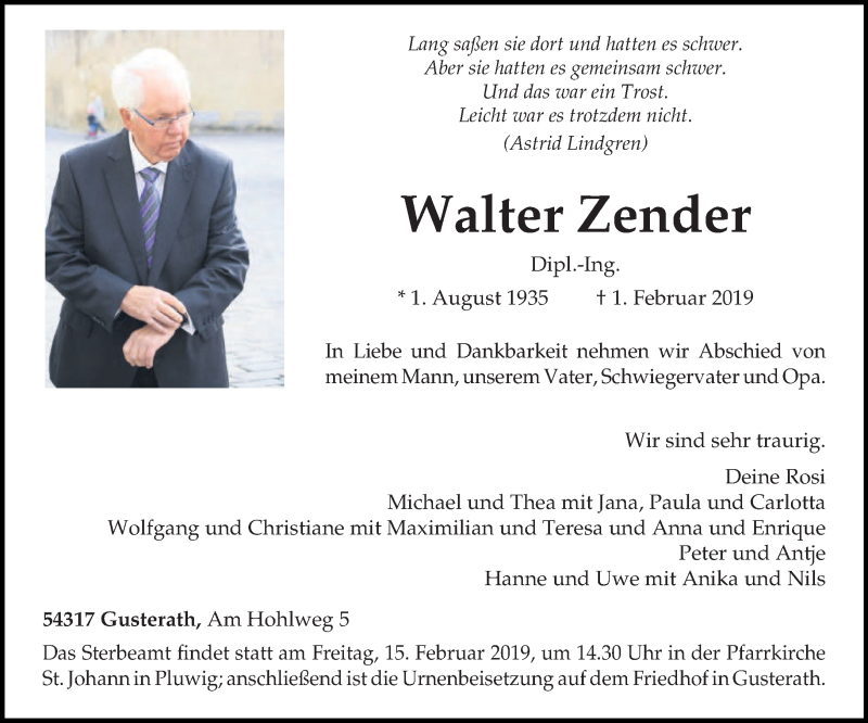  Traueranzeige für Walter Zender vom 09.02.2019 aus trierischer_volksfreund