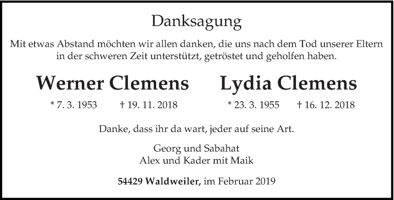  Traueranzeige für Werner und Lydia Clemens vom 14.02.2019 aus trierischer_volksfreund
