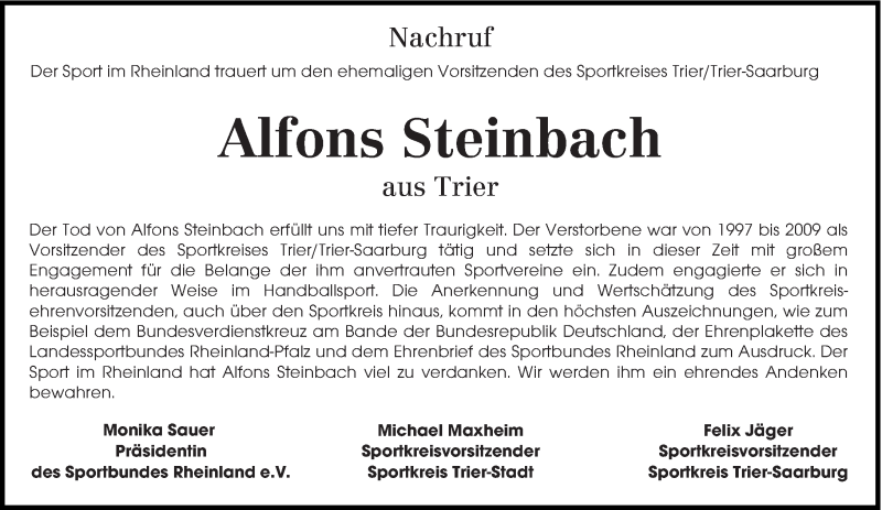  Traueranzeige für Alfons Steinbach vom 20.03.2019 aus trierischer_volksfreund
