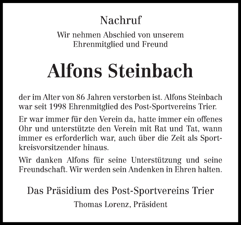  Traueranzeige für Alfons Steinbach vom 20.03.2019 aus trierischer_volksfreund