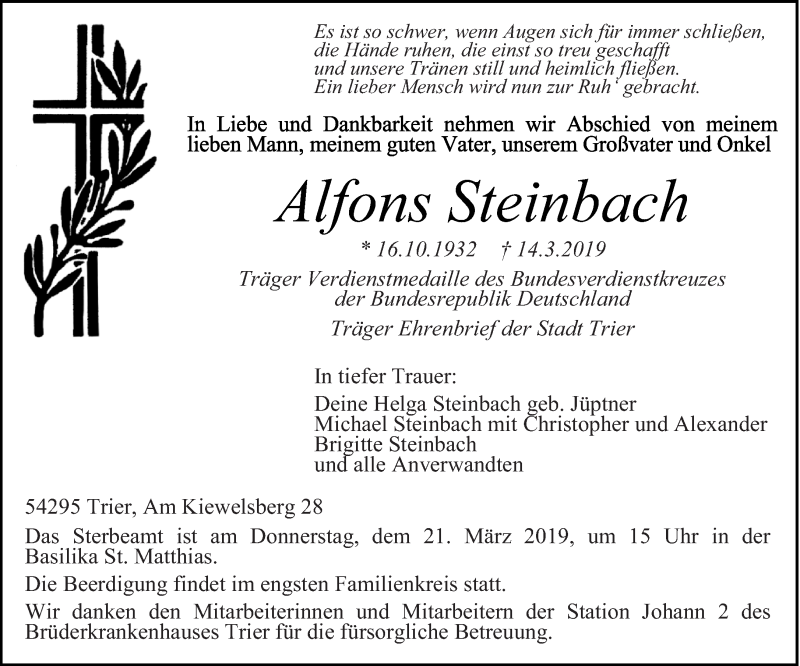  Traueranzeige für Alfons Steinbach vom 18.03.2019 aus trierischer_volksfreund