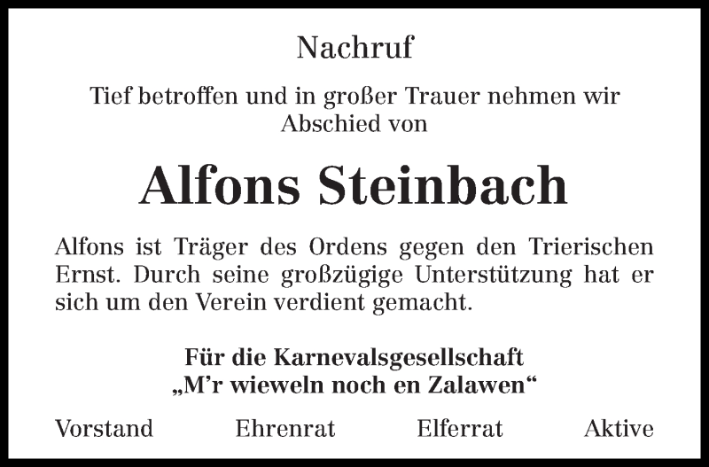  Traueranzeige für Alfons Steinbach vom 18.03.2019 aus trierischer_volksfreund