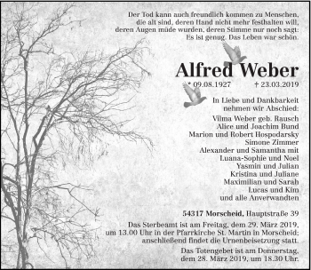 Traueranzeige von Alfred Weber von trierischer_volksfreund