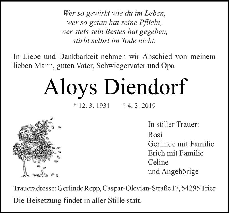  Traueranzeige für Aloys Diendorf vom 12.03.2019 aus trierischer_volksfreund