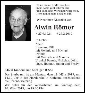 Traueranzeige von Alwin Römer von trierischer_volksfreund