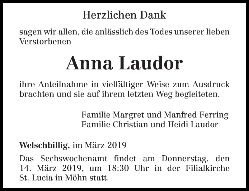  Traueranzeige für Anna Laudor vom 09.03.2019 aus trierischer_volksfreund