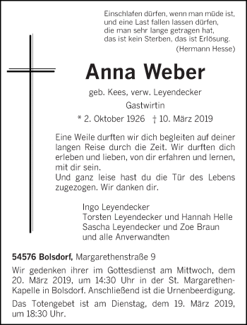 Traueranzeige von Anna Weber von trierischer_volksfreund