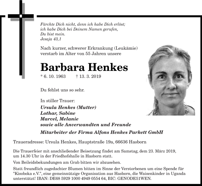  Traueranzeige für Barbara Henkes vom 20.03.2019 aus trierischer_volksfreund