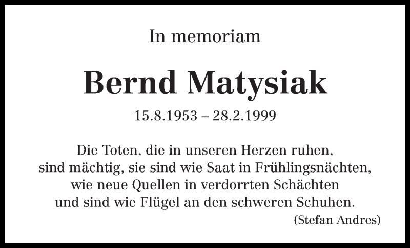  Traueranzeige für Bernd Matysiak vom 28.02.2019 aus trierischer_volksfreund