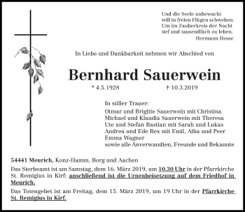 Traueranzeige von Bernhard Sauerwein von trierischer_volksfreund