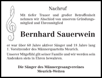 Traueranzeige von Bernhard Sauerwein von trierischer_volksfreund