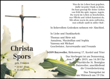 Traueranzeige von Christa Spors von trierischer_volksfreund