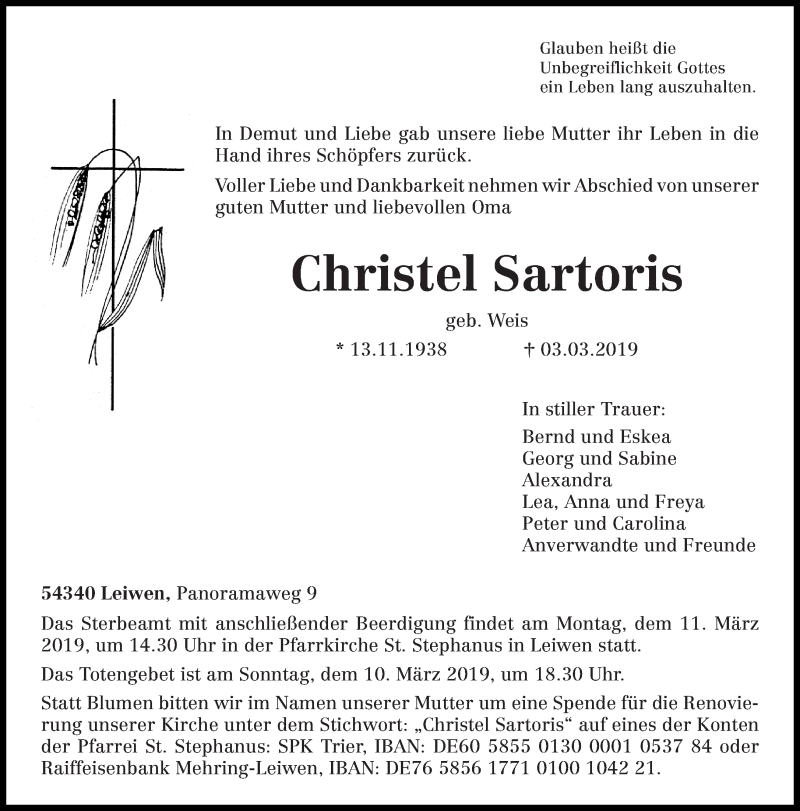  Traueranzeige für Christel Sartoris vom 07.03.2019 aus trierischer_volksfreund